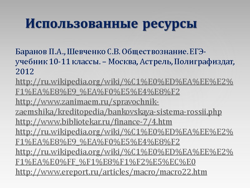 Использованные ресурсы Баранов П.А., Шевченко С.В. Обществознание. ЕГЭ-учебник 10-11 классы. – Москва, Астрель, Полиграфиздат,